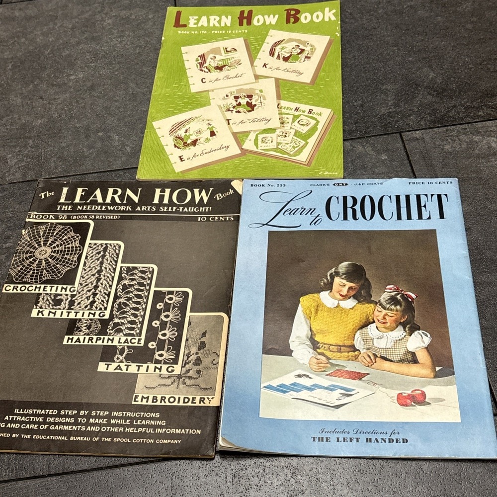VTG Needlework Booklet Lot Learn How To Crochet Knit Tat Embroider Hairpin Craft